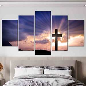 Serenidad Sagrada: Obra de Arte Impresa en Lienzo con Cruz de la Resurrección para Decoración del Hogar, Juego de 5 Lienzos Variados - Product Image 1