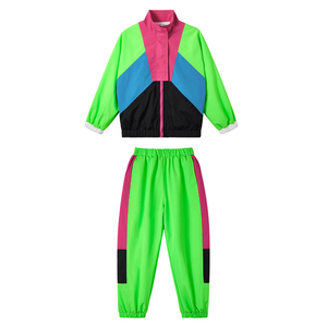 Custom Kids Vibrant Color Block Multi Panel Full Zip Up Patchwork Windbreaker Jacket and Matching Pants Outfit Two Piece Set - Product Image 1