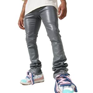 Nouveauté Vêtements décontractés Pantalon empilé en cuir Pantalon en cuir uni de couleur unie Pantalon pour homme de qualité supérieure à rayures droites et incurvées - Product Image 1