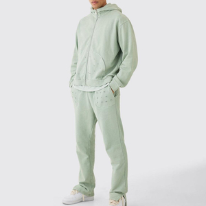 Ensembles de survêtements streetwear 100% Coton à fermeture éclair, couleur unie, avec empiècements évasés et effet délavé à l'acide, respirants, col à capuche, Hiver 2 1 - Product Image 6