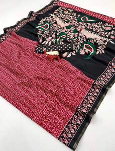 ผ้าไหมทัสซาร์เนื้อนุ่มปักลายคาลัมคารีสวยงามหรูหราสำหรับผู้หญิง พร้อมขอบสีทองทันสมัย แบบไม่มีเสื้อคลุม - Product Image 6