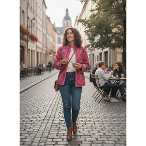 Chaqueta de Otoño Estilo Boho Rani Bloom, Reversible, de Satén y Terciopelo, Hecha a Mano en Jaipur, con Cuello Mandarín, Forro de Lino Rosa Fucsia y Exterior de Cuero - Product Image 5