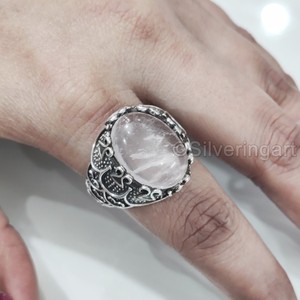 ขายส่งแหวนผู้ชายหินโรสควอตซ์ธรรมชาติ April แหวนพลอยหินประจำเดือนเกิดทุกขนาดเครื่องประดับงานแต่งงานอาหรับ925แหวนเงินสเตอริง - Product Image 5