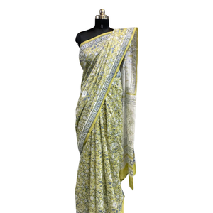 Sari en coton Mulmul imprimé à la main, motif floral jaune et bleu, léger, au meilleur prix - Product Image 1