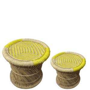 New Boho Pouffe Bone Inlay Console Natural Bamboo Ottoman Wicker Set Handwoven Multipurpose Patio Furniture for School - Product Image 1