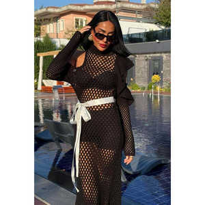 Vestido de punto calado 2847 con cinturón de satén, transparencias y cintura natural - Product Image 6