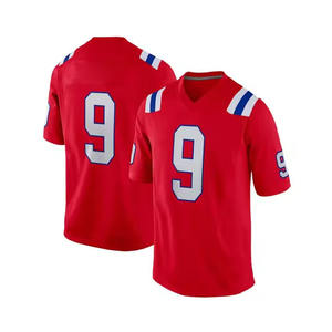 Camiseta de Fútbol Americano Personalizada, Roja, Azul y Blanca, Estampada, de Manga Corta, Cuello en V, con Número de Equipo - Product Image 1