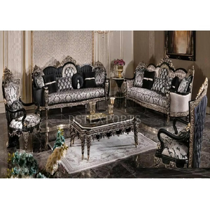 Juego de Sofás de 5 Plazas de Madera de Teca Estilo Rumanía, Profesional, Duradero, Pulido Blanco Plateado, Muebles de Lujo para Sala de Estar - Product Image 3