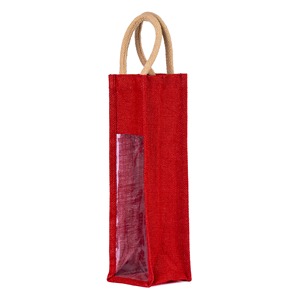 Bolsa de vino de yute con ventana de PVC reutilizable natural para una botella con asa fuerte para embalaje de regalo y uso promocional respetuoso con el medio ambiente - Product Image 5