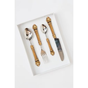 Juego de 4 cubiertos de acero inoxidable Ideal para cocina, mesa, café, uso doméstico, cubiertos con acabado Chapado en Color plateado, mango de madera - Product Image 1