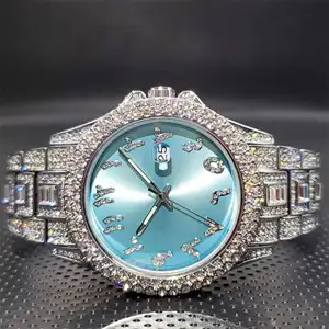Natural Moissanite Diamant Heren Blauw (Bg) Horloge 925 Sterling Zilver Urdu Nummer Handgemaakt Horloge Diamond Horloge Cadeau Hem