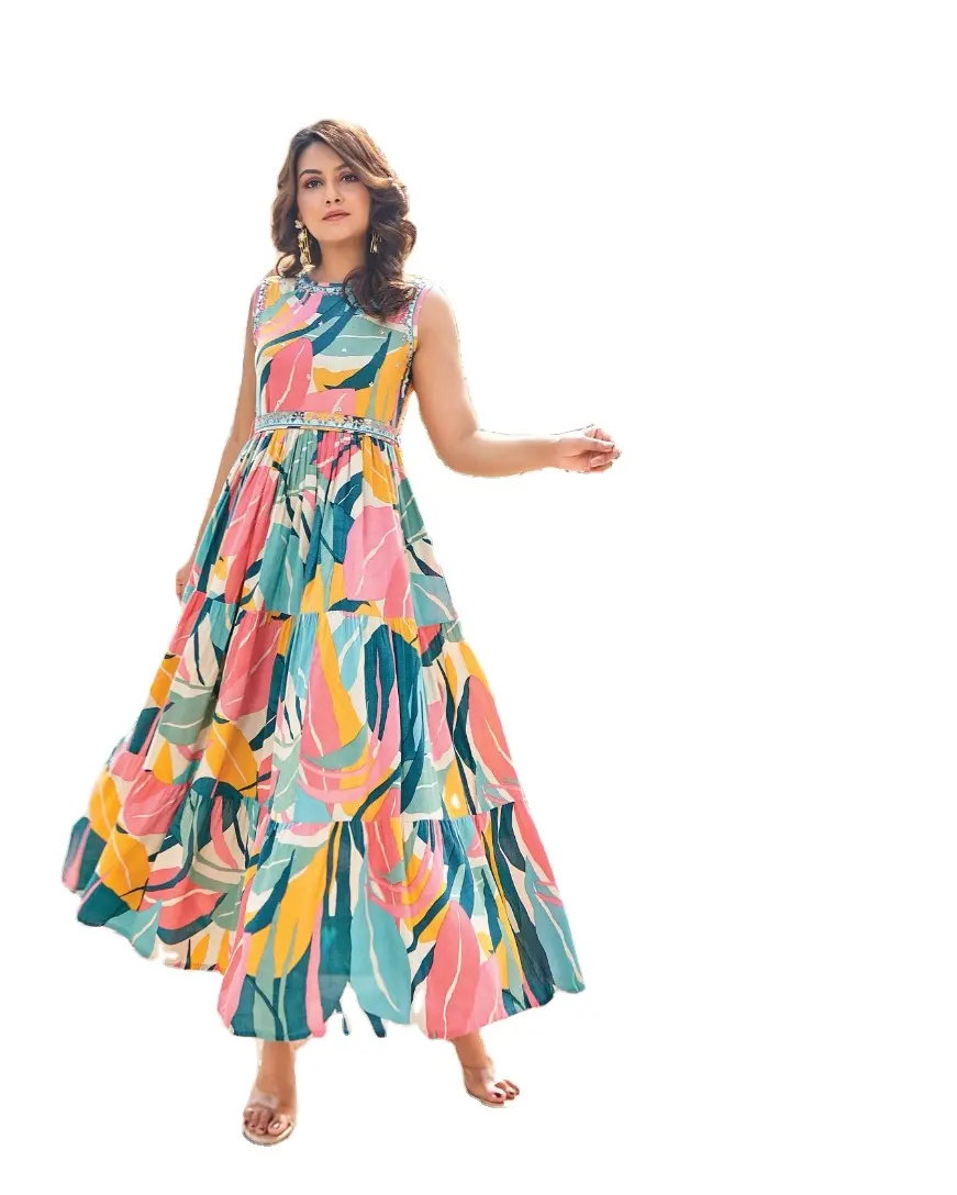 Ethnirang Phụ Nữ Thanh Lịch Mùa Hè Phụ Nữ Ăn Mặc Giản Dị Không Tay ra Hoa Phụ Nữ Cotton Maxi Dress