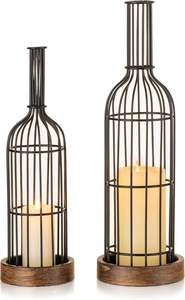 Wine shape cage <b>Candle</b> Lantern <b>Set</b> of 2 Rustic Wood <b>Candle</b> Holder for Home Decor Living Dining Room Kitchen Fireplace Mantle - Product Image 6