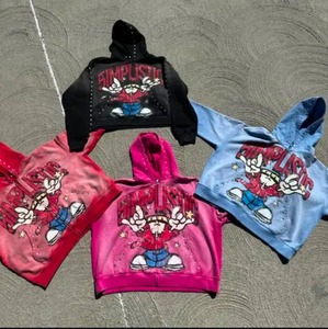 ชุดวอร์มสตรีทแวร์ผู้ชายลายฟอกสีสไตล์วินเทจ พร้อมฮู้ดซิปประดับคริสตัลและกางเกงขายาวเอวยางยืดสำหรับผู้หญิง - Product Image 5