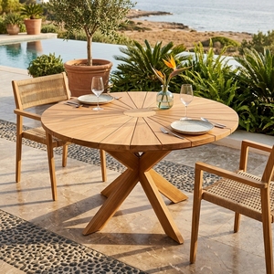 <b>Outdoor</b> Teak Wood <b>Round</b> Dining Set Sunburst <b>Table</b> Armchairs Solid Wooden Patio Garden Furniture Setup Art Design Decor - Product Image 3