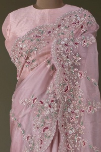 Sari de seda de Organza con hilo Zari codificación lentejuelas trabajo con pieza de blusa de seda saris de Organza puro para mujer ropa de fiesta de boda - Product Image 5