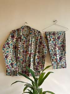 Luxe indien bloc imprimé doux coton pyjama ensemble de sommeil respirant grande taille femmes nuit costume Sexy noël Vibe vêtements de détente - Product Image 3