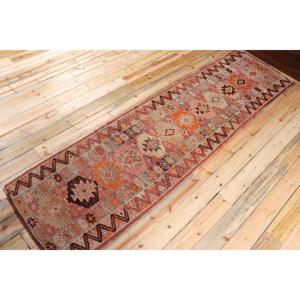 2.8x10.2 ft Rug, Vintage Turkish Rug, Red <b>Brown</b> Polka dot <b>Wool</b> Rug - Product Image 2