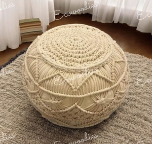 Unique Round Wicker Soft Crochet <b>Knitted</b> Bean Bag Comfortable Seat Blue Round Ottoman & Pouf For Living Room Bone Inlay Console - Product Image 6