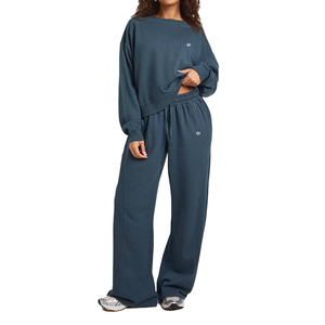 Sweat-shirt pour femme à épaules tombantes avec pantalon de survêtement, coupe décontractée, pantalon de jogging en molleton, taille élastique, ensemble coordonné, production de vêtements - Product Image 1