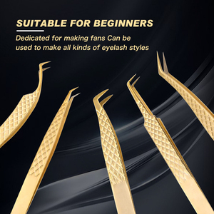 Pinzas de extensión de pestañas con puntas de fibra Pinzas altas de acero inoxidable dorado para ventiladores de volumen Herramientas de maquillaje, dorado - Product Image 4