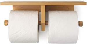 Porte-papier hygiénique avec double porte-rouleau Porte-papier hygiénique en bois mat Étagère de rangement pour papier hygiénique avec lingettes humides - Product Image 2