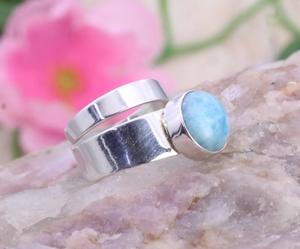 Anillo de Larimar de plata 925 de estilo clásico para mujer, piedra preciosa cortada, declaración, compromiso de boda, regalo de aniversario, ajuste de bisel con incrustaciones - Product Image 6