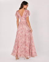 Robe maxi vintage romantique à manches bouffantes à fleurs, décolleté croisé, taille haute, silhouette moulante, écologique et respirante