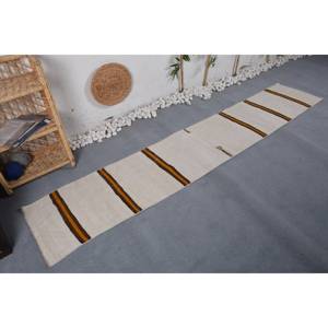 Tapis turc rayé en laine rustique marron beige fait à la main 1.7 X 9.2ft Rectangle Patchwork motif Viscose PP Latex pour chambre à coucher - Product Image 2