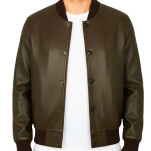 Veste bomber en cuir véritable pour homme avec col côtelé, design classique à boutons sur le devant - Product Image 1