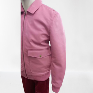 Light Weight Pink Leather <b>Jacket</b> Durable Casual Plain Windproof Pure Leather <b>Jacket</b> With Two Front Pockets. - Product Image 3
