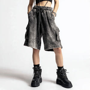 Shorts de survêtement pour femmes à taille haute, délavés à l'acide, jambes larges, style cargo, surdimensionnés, lavage vintage, vêtements de mode de haute qualité - Product Image 3