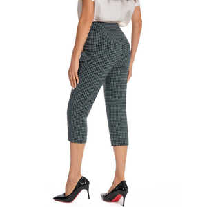 Pantalones Capri Casuales de Verano para Mujer, Cintura Alta, Manga Corta, Silueta Recta, con Botones, Elásticos, a Cuadros, Tejido de Punto - Product Image 4