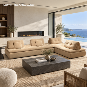 Divano Componibile Moderno di Design <span class=keywords><strong>Beige</strong></span>, Profilo Basso in Cotone <span class=keywords><strong>e</strong></span> Lino con Schienali Mobili per Villa di Lusso - Product Image 1