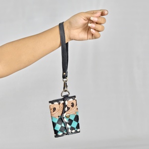 Fashion Genuine Leather <b>Card</b> <b>Holder</b> Teal White Checkered Embossing Button Closure Women Short Wristlet <b>Wallet</b> Geometric Pattern - Product Image 2