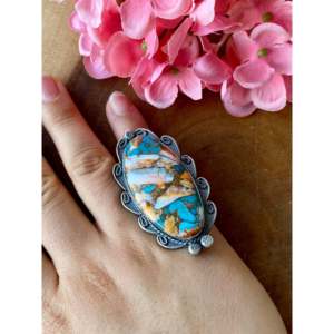 Gilbert Nez Mohave Turquoise Sterling <b>Silver</b> Statement <b>Ring</b> Bezel Set Geometric Moon Pattern <b>Boho</b> Style Size 5.75 Everyday Wear - Product Image 2