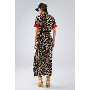 Vestido Casual Maxi con Estampado de Leopardo, Detalles Rojos, Cierre de Botones, Cintura Imperio, Decoración Hueca, Talla XL, para Ocasiones Diurnas, Temporada de Primavera - Product Image 3