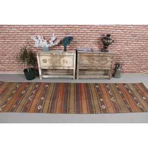 Alfombra Turca Kilim de 2.9x10.4 pies, Alfombra Vintage, Alfombra de Lana con Diseño Floral Marrón - Product Image 2