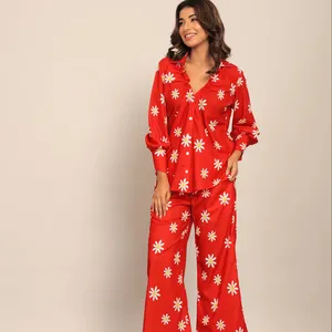 New 2024 Designer Ethnic Clothing High Quality Red And White Floral Printed Western Co-ord Set Relaxed Shirt And Pant Wholesale