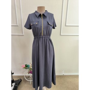 Women's Short-Sleeved Collared Zippered Long <b>Viscose</b> Two-Thread <b>Dress</b> with Decorative Pocket Details, 35356 - Gray - Product Image 4