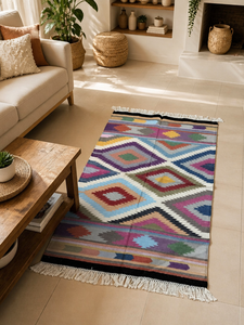 Alfombra Kilim de Algodón Tejida a Mano, Gruesa, Moderna, Multicolor, con Diseño de Diamantes y Flecos, para Dormitorio o Sala de Estar - Product Image 1