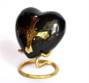 Beautiful Black Color enamel and Golden Cross Engraved Heart <b>Keepsake</b> with stand Brass Cremation for <b>Ashes</b> - Product Image 2