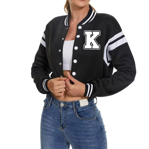 <b>Womens</b> <b>Black</b> Varsity <b>Jacket</b> Custom Patch Button Up Short Length Full Sleeve Autumn Casual Outerwear Wholesale Bulk Apparel - Product Image 5