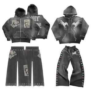 Conjunto de Sudadera Corta con Capucha y Chándal Acampanado Apilado, con Parche Desgastado por el Sol Personalizado, Aplique Bordado y Lavado Ácido, para Invierno - Product Image 1