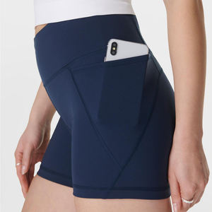 Véritable short de gymnastique pour femmes taille haute personnalisé Yoga Compression Athletic Training Pockets Seamless Workout Elastic Waist Solid - Product Image 4