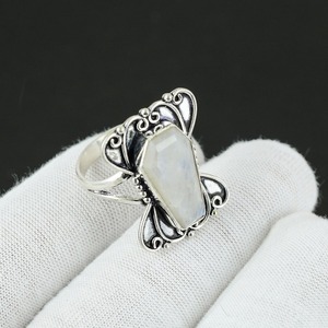 Anillo de piedras preciosas con forma de ataúd de piedra lunar arcoíris de Fuego Azul, anillo hecho a mano de Plata de Ley 925, regalo de Navidad, Año Nuevo - Product Image 2