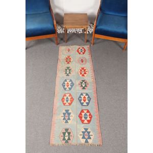 Alfombra Turca Vintage de 2.1x6 pies, Alfombra de Pasillo, Alfombra de Lana Azul Kilim - Product Image 1