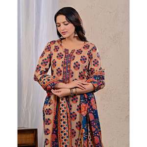Beige Butta <b>Block</b> <b>Printed</b> Cotton Kurta Pant Set with Mulmul Dupatta Indian Style Ethnic Wear for Daily Party Occasions - Product Image 1