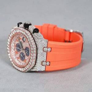 Montre de luxe personnalisée avec bracelet en caoutchouc orange, boîtier rond, cadran en diamant moissanite, mouvement à quartz glacé, montre pour homme - Product Image 4