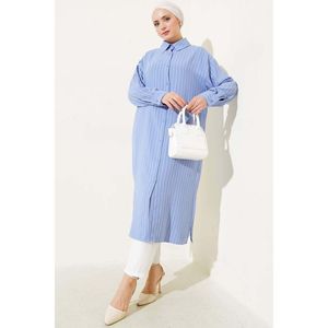 Chemise Longue Rayée à Fente Latérale Bleu - Product Image 1